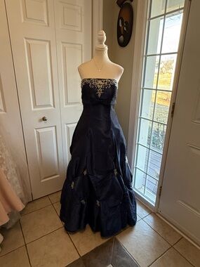 Aviena Navy Blue Formal Gown with Gold Embroidery Accents